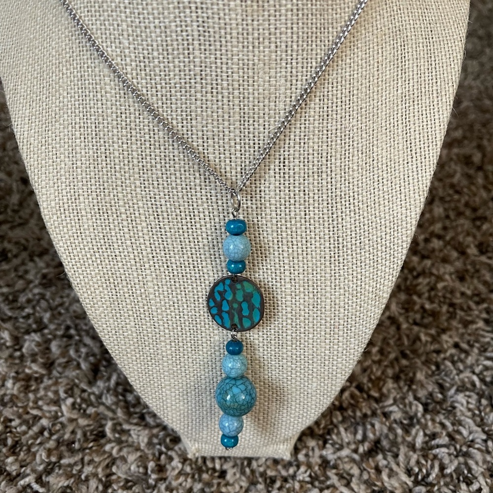 Turquoise and silver long length pendant necklace